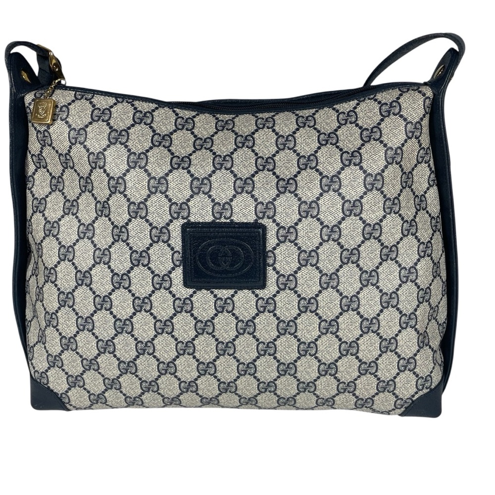 Vintage 1980’s Gucci GG Canvas Purse Handbag Bag Navy Blue Leather Trim Lining - Picture 5 of 16